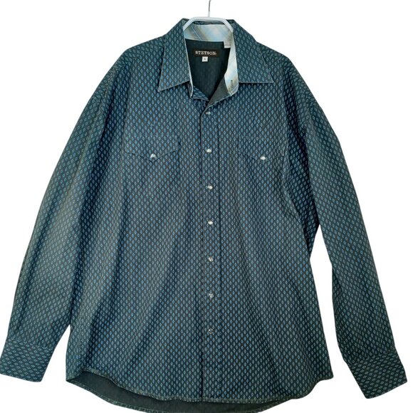 Stetson Mens Pearl Snap Western Shirt Green Blue Cotton Small Print size XL - Picture 11 of 11